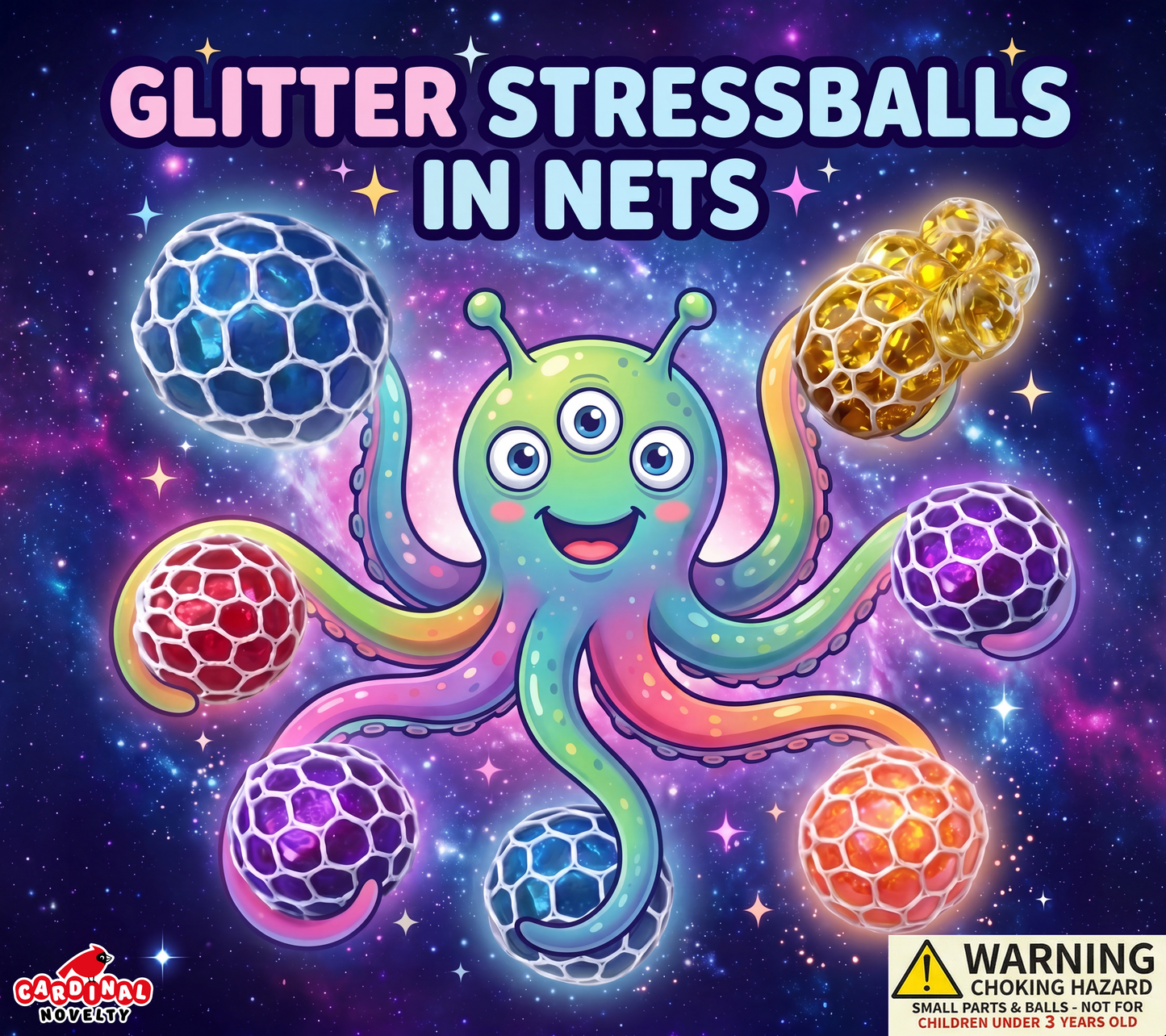 2" Glitter Crystal Stressballs in Nets in Toy Capsules