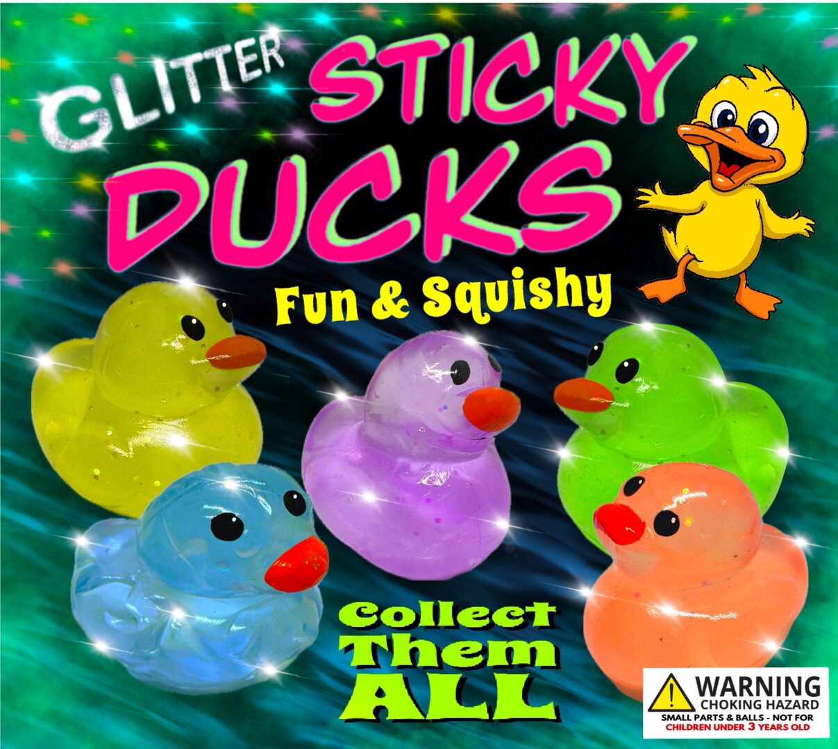 2" Glitter Sticky Ducks in Toy Capsules