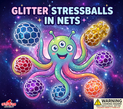 2" Glitter Crystal Stressballs in Nets in Toy Capsules