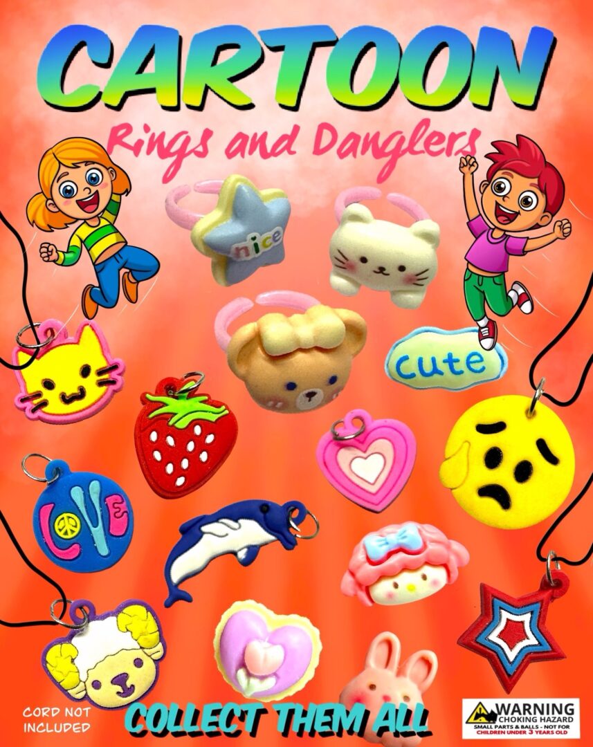 1" Cartoon Rings & Danglers in Toy Capsules